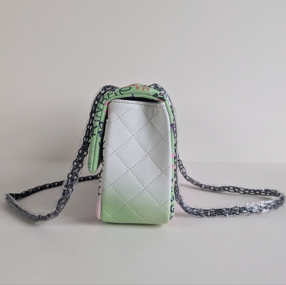 Boutique Quilted Graffiti Print Shoulder Bag Structured Crossbody w/ Chain Strap - Picture 5 of 16